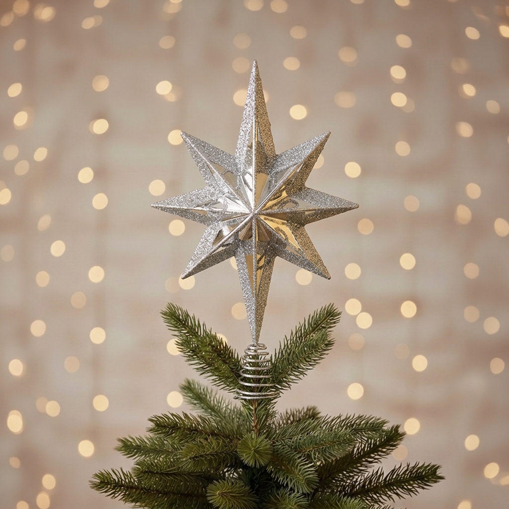 Cimier de Sapin en Étoile Argentée Pailletée
