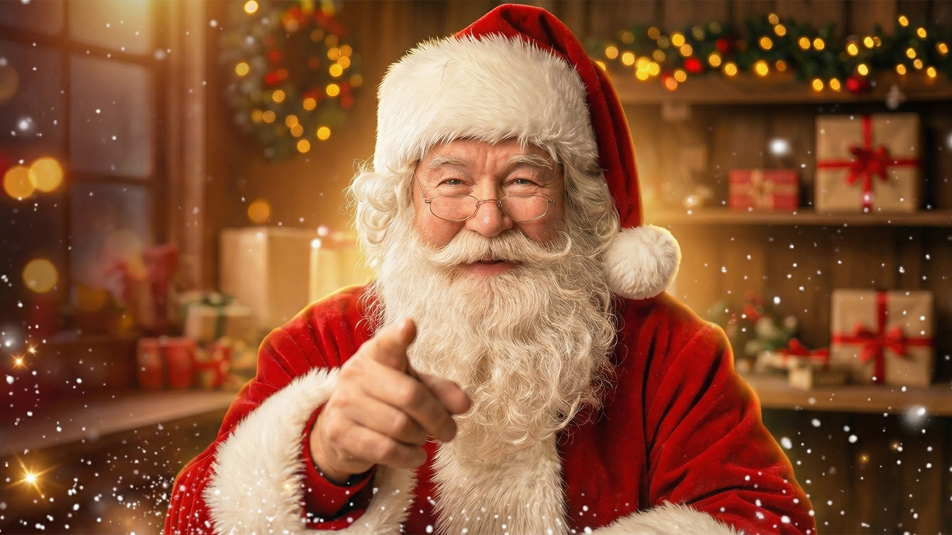 Père Noël souriant pointant du doigt avec des cadeaux en arrière-plan
