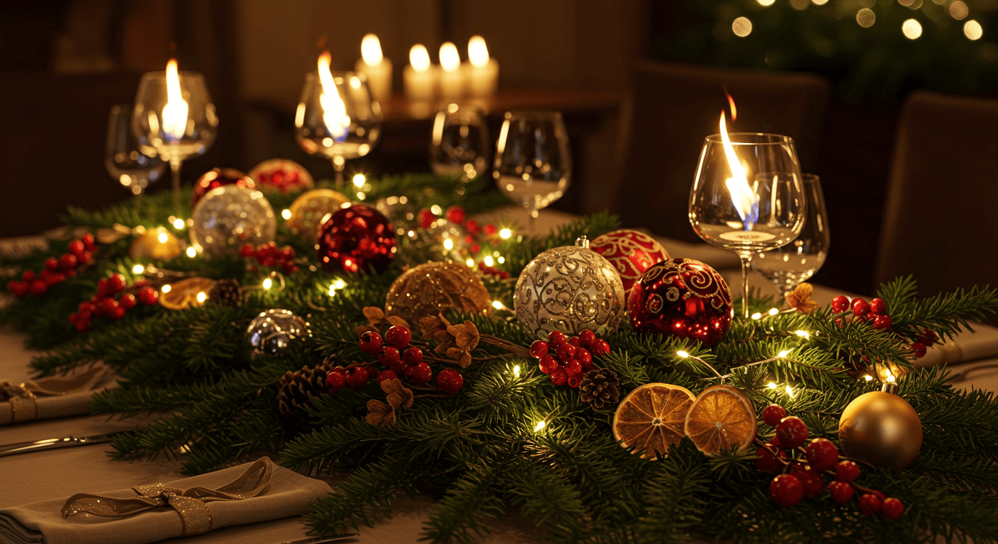 Centre de table de Noël avec guirlande de sapin, boules, lumières, baies et bougies dans des verres