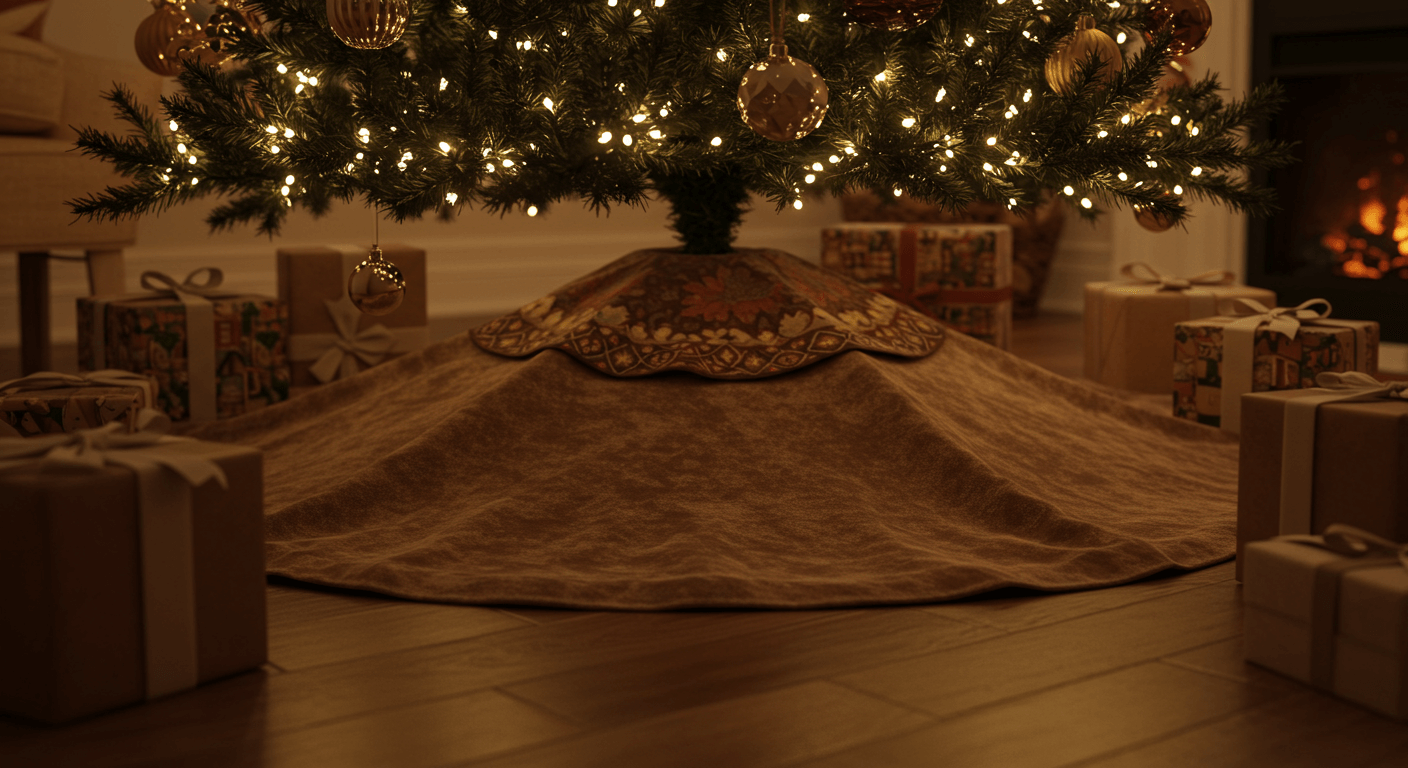 Sapin de Noël illuminé, cadeaux au pied, jupe de sapin et cheminée chaleureuse