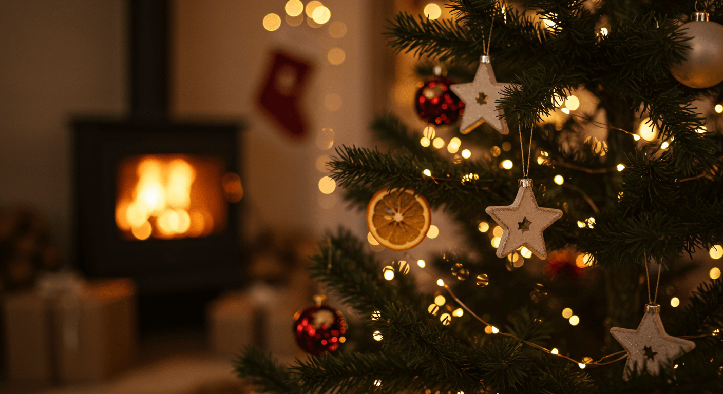 Sapin de Noël décoré de lumières et d'étoiles, cheminée chaleureuse et cadeaux en arrière-plan