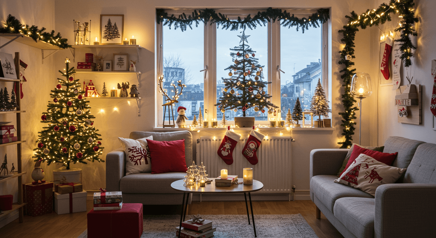 Salon décoré pour Noël avec deux sapins lumineux, guirlandes, cadeaux et coussins festifs
