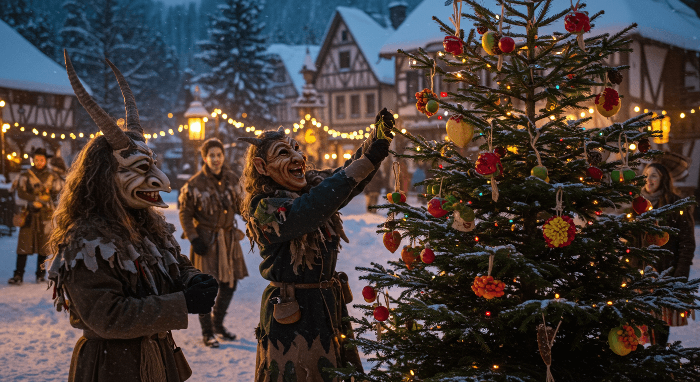 Des Krampuses déguisés décorent un sapin de Noël dans un village enneigé