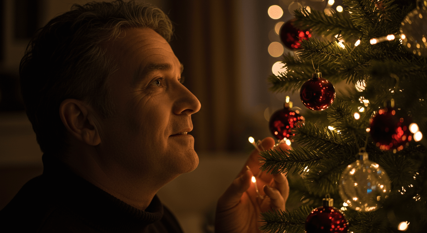 Homme regardant un sapin de Noël décoré de boules rouges et de lumières