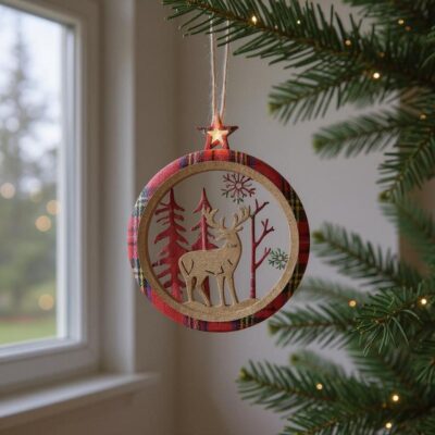 Ornement de Noël avec un cerf et des arbres dans un cadre à carreaux écossais