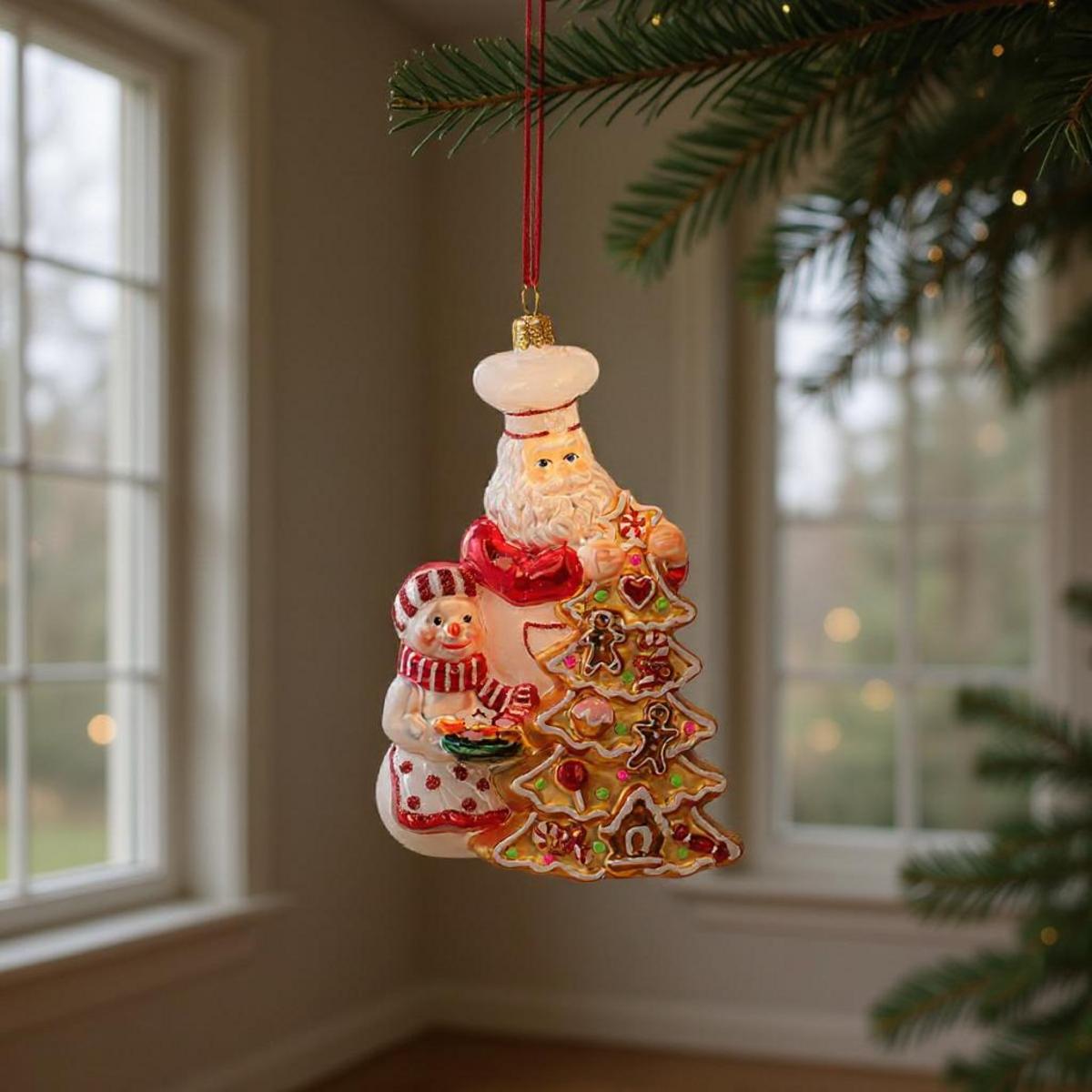 Boule de Noël Père Noël et bonhomme de neige avec un sapin décoré de biscuits