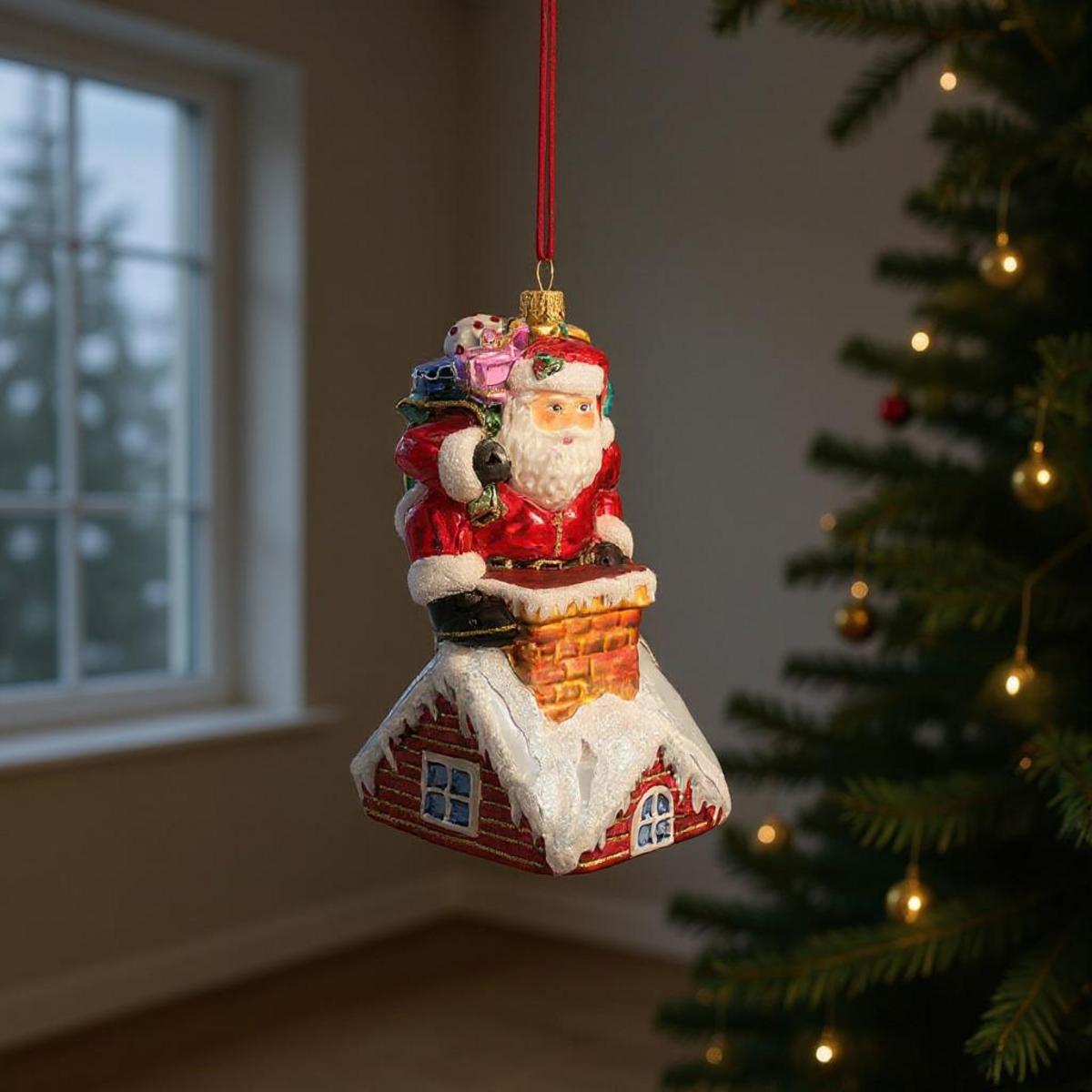 Ornamento di Babbo Natale su un tetto innevato con camino