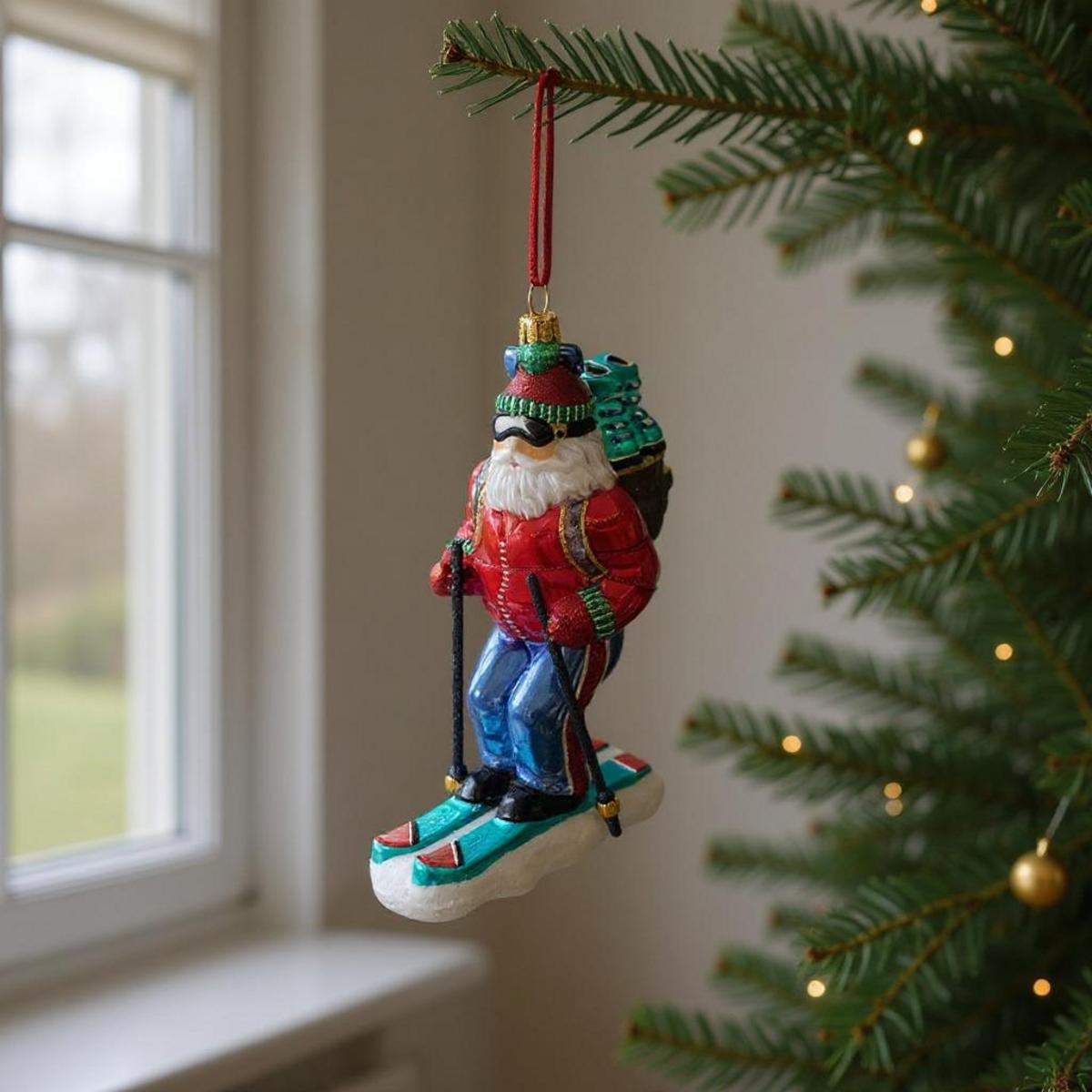 Ornement de Père Noël skieur sur un sapin de Noël