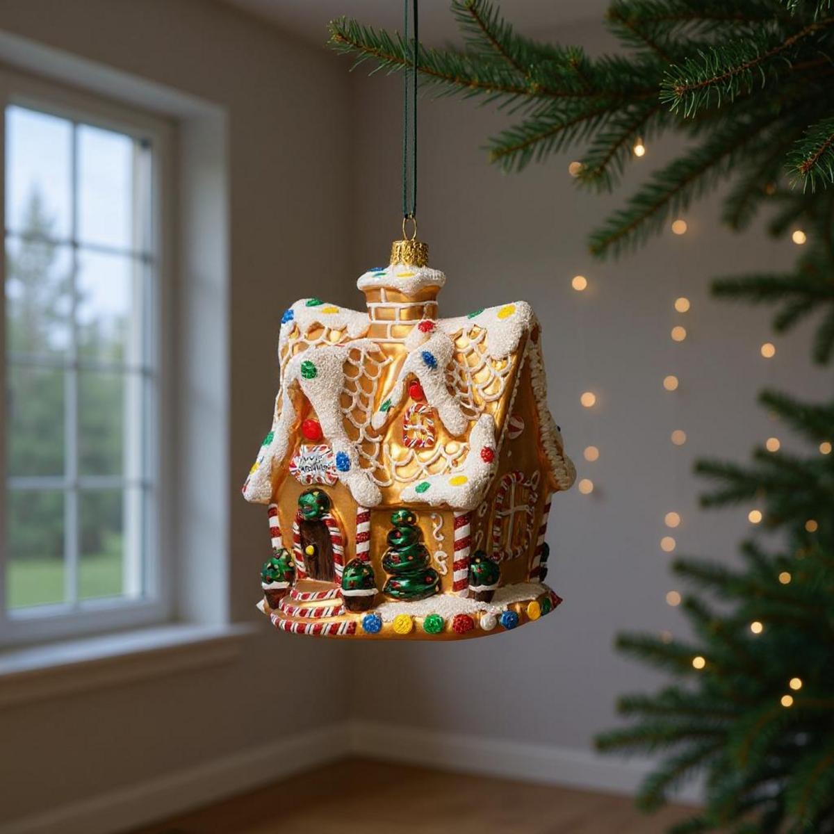 Decorazione a forma di casa di pan di zenzero appesa all'albero di Natale