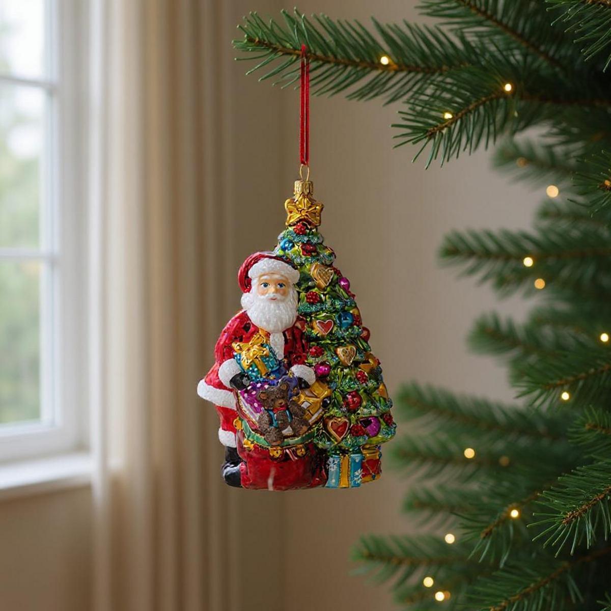 Babbo Natale tiene in mano un sacco di regali davanti a un albero di Natale decorato