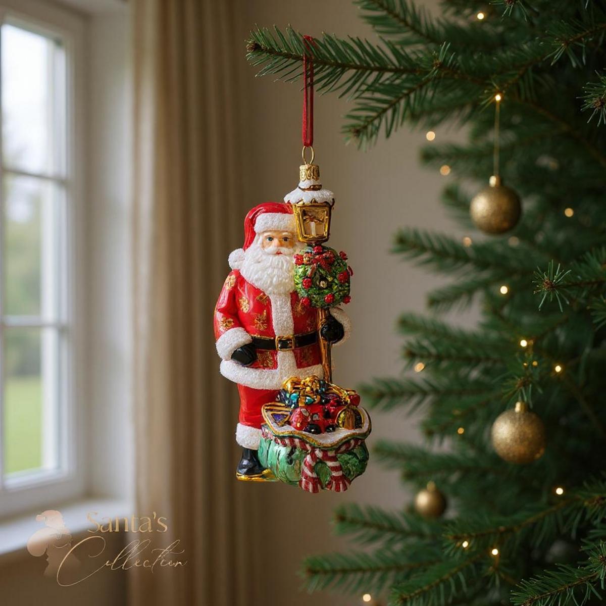 Ornamento di Babbo Natale che tiene una lanterna e un sacco di regali su un albero di Natale