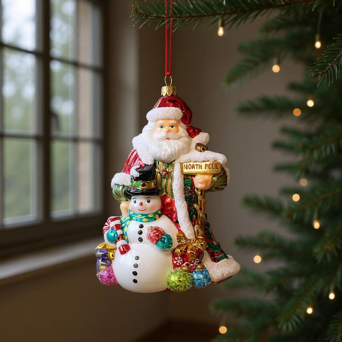 Ornamento di Babbo Natale e pupazzo di neve con un cartello "Polo Nord""