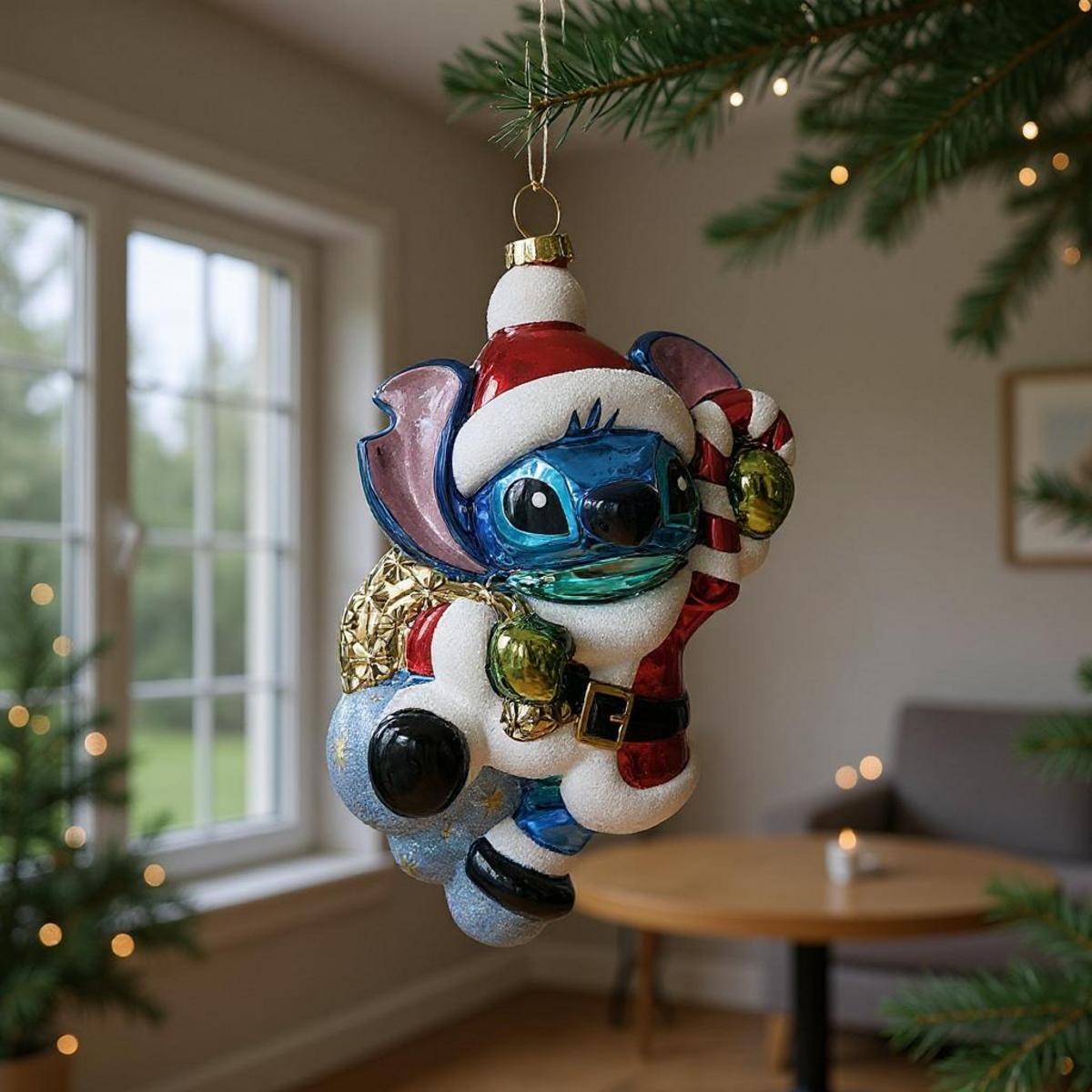 Stitch de Noël suspendu à un sapin avec une canne en sucre