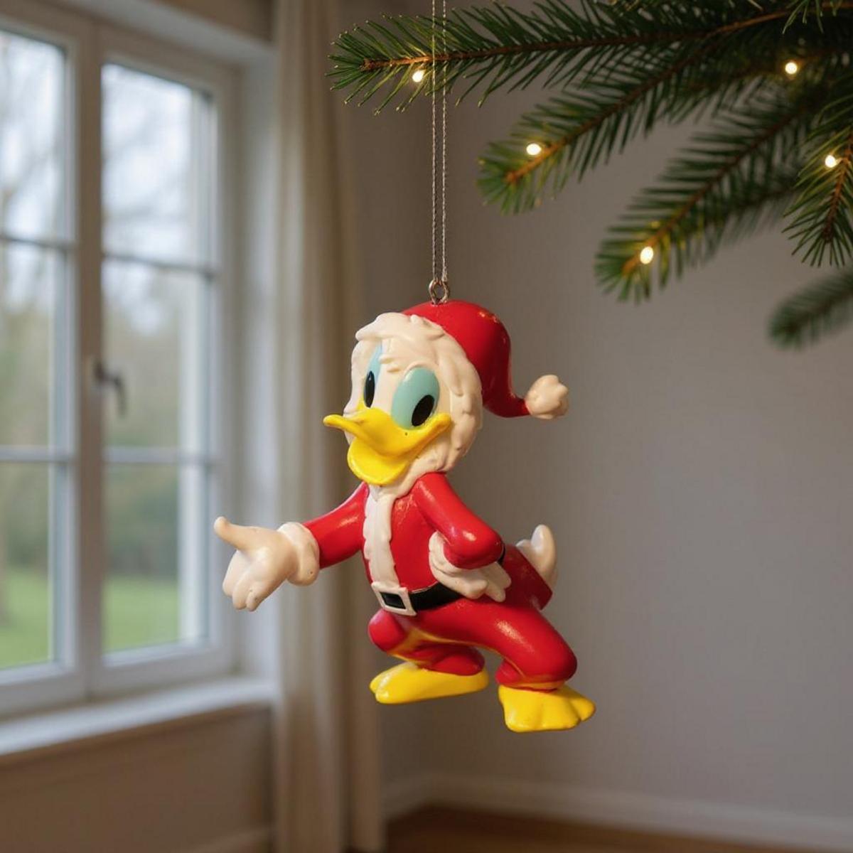 Figurine de Donald en Père Noël suspendue à un sapin de Noël