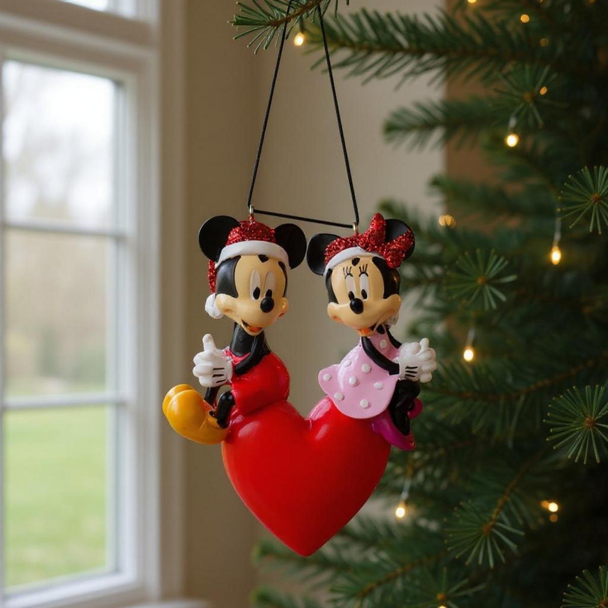 Mickey et Minnie sur un cœur rouge, décorations de Noël
