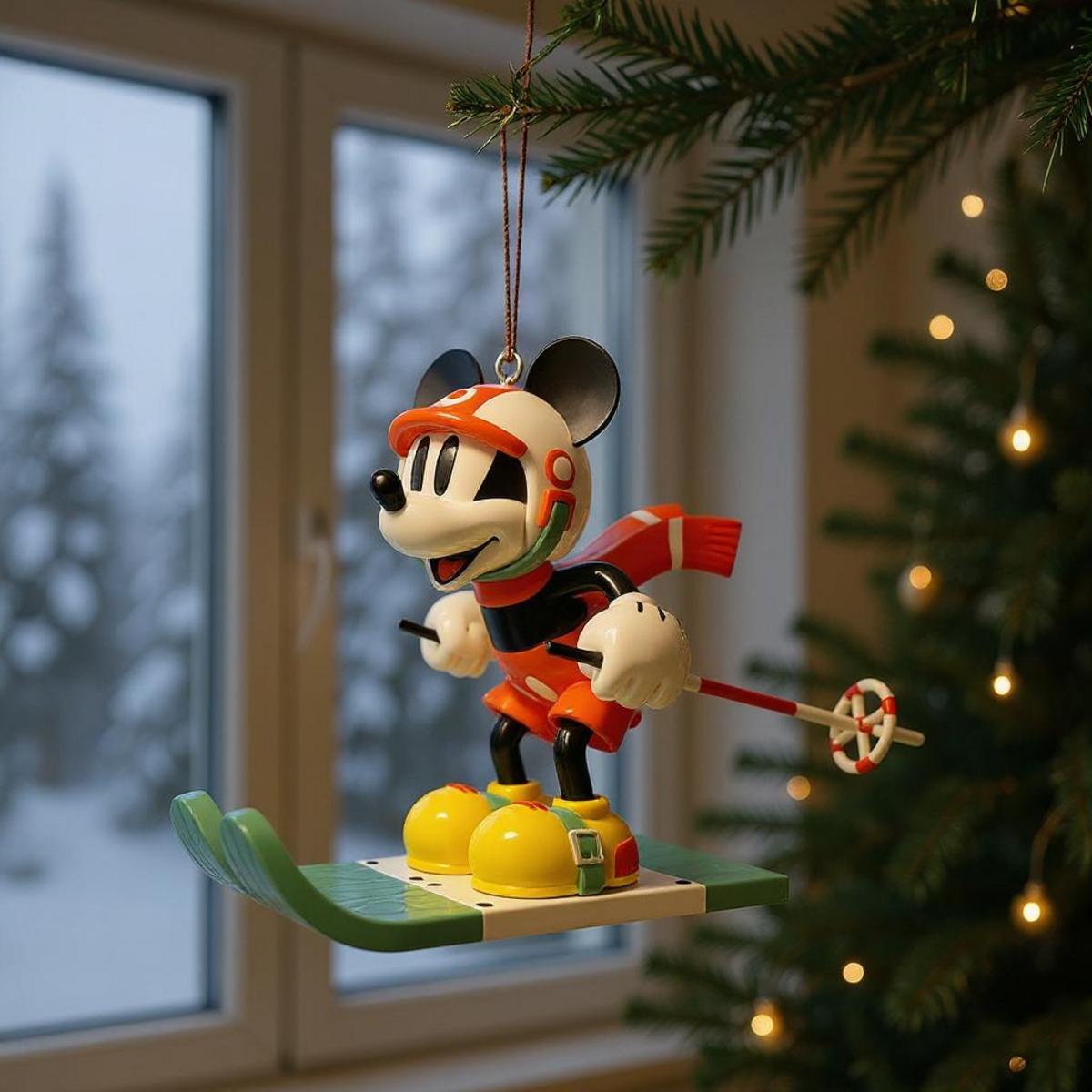 Figurine Mickey skieur sur un sapin de Noël