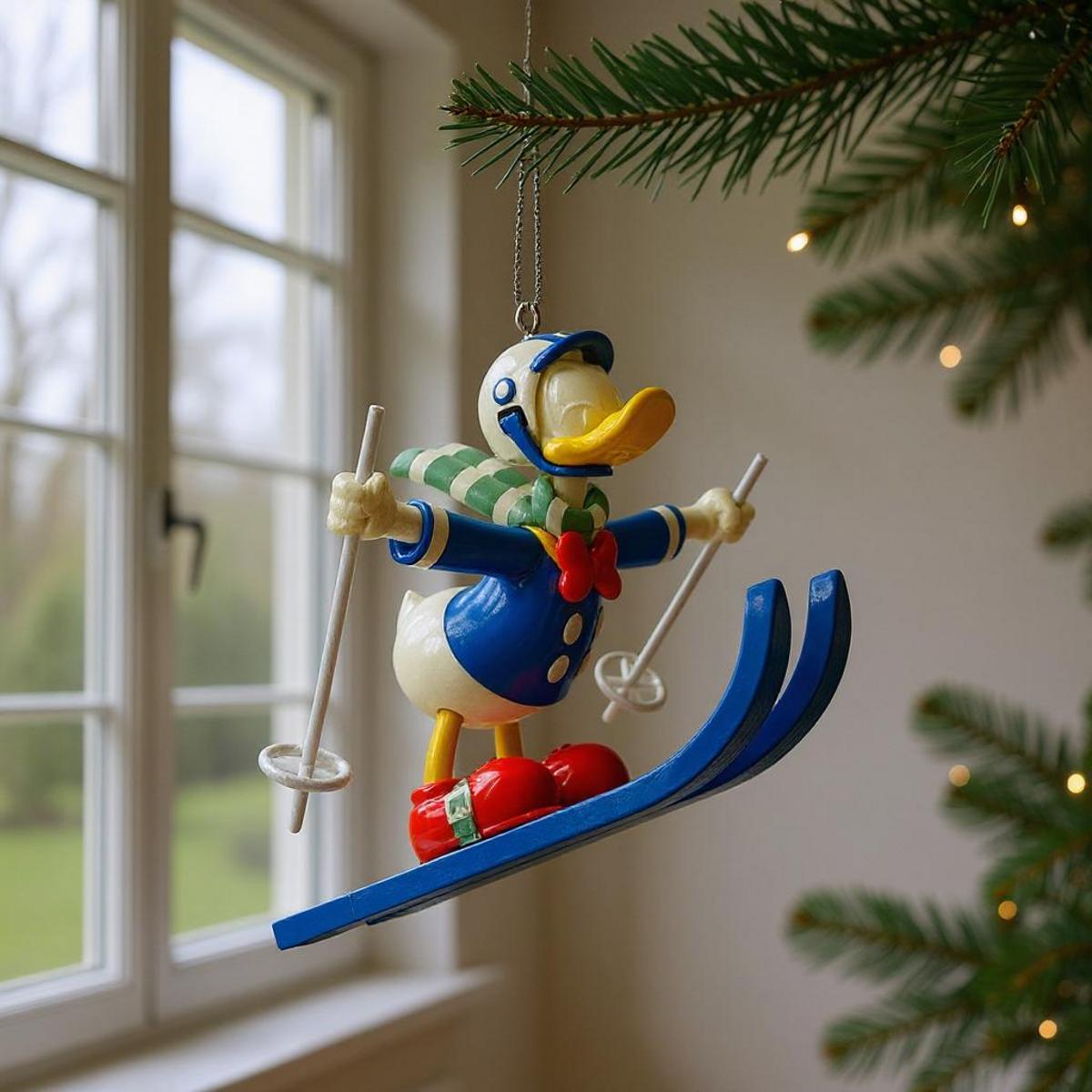 Figurine de Donald Duck skieur sur un sapin de Noël