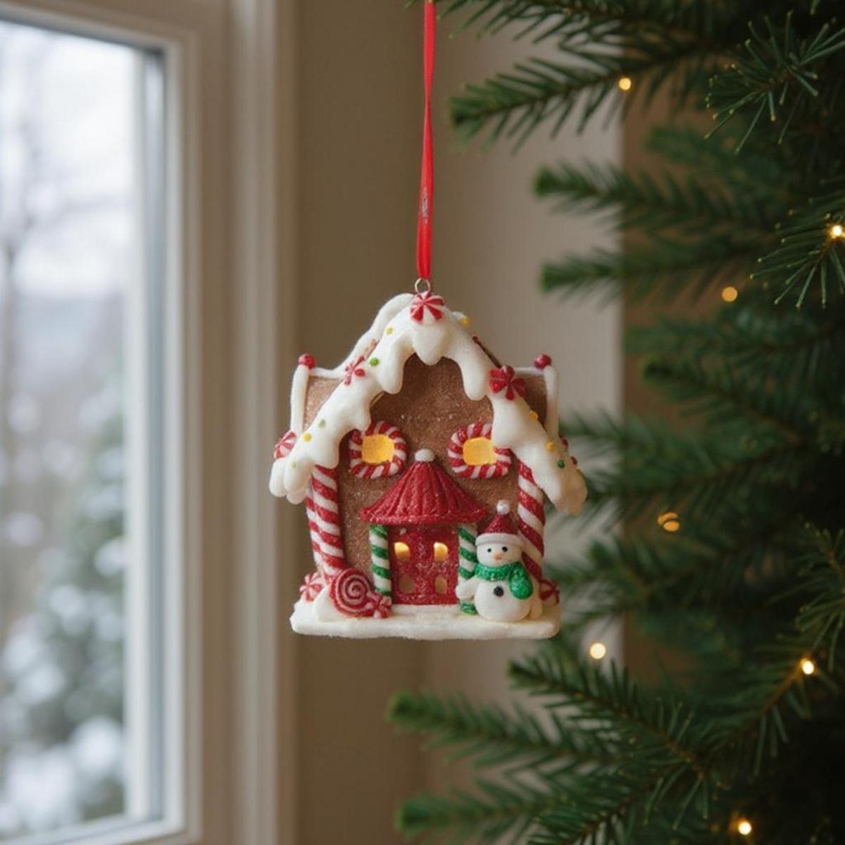 Décoration de maison en pain d'épice avec un bonhomme de neige sur un sapin de Noël