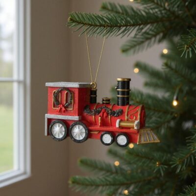 Ornement de train de Noël rouge suspendu à un sapin