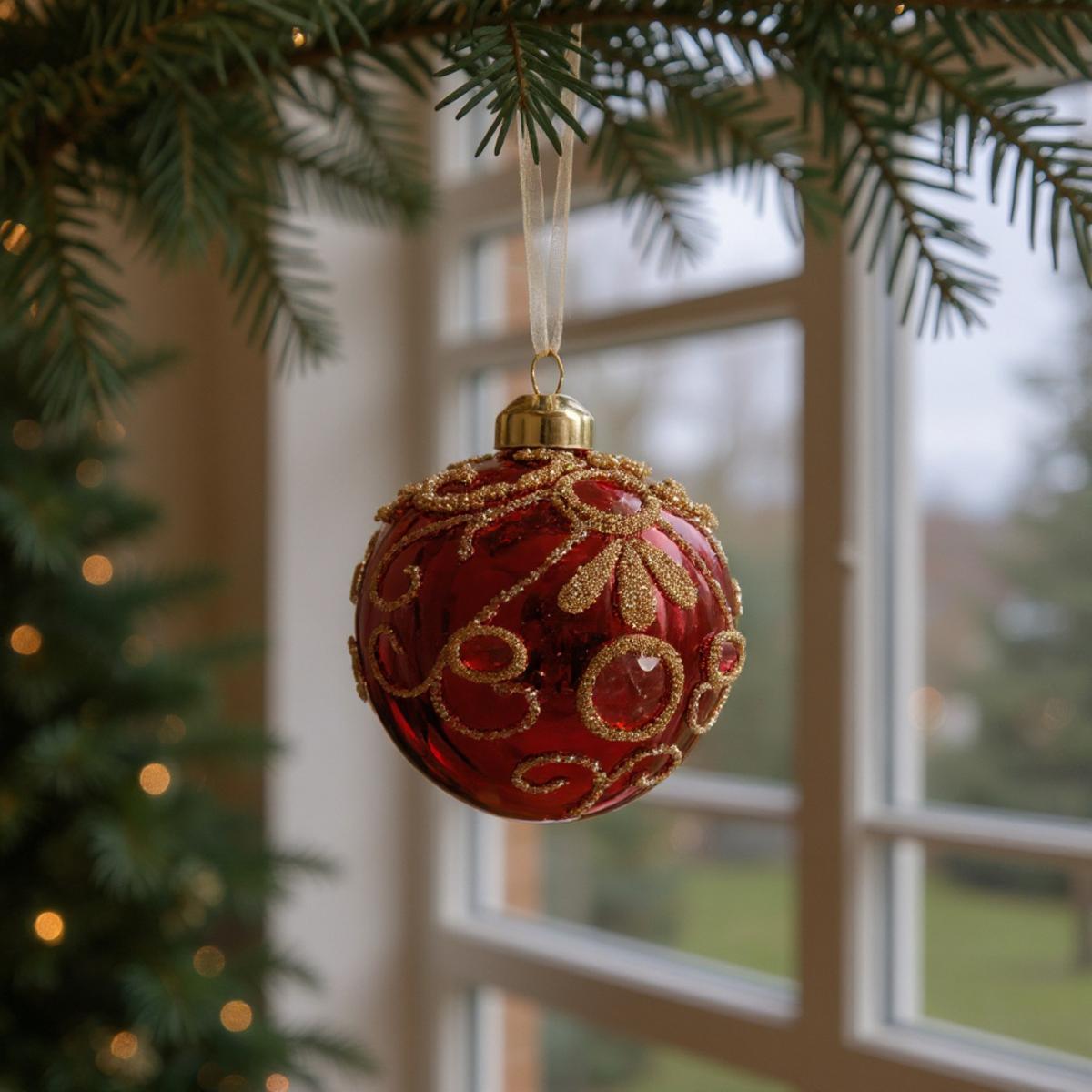 Boule de Noël rouge ornée de motifs dorés suspendue à une branche de sapin