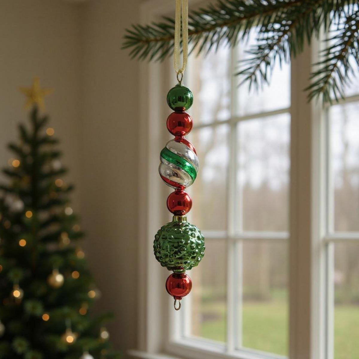 Ornement de Noël suspendu avec des boules rouges et vertes et une spirale argentée et verte