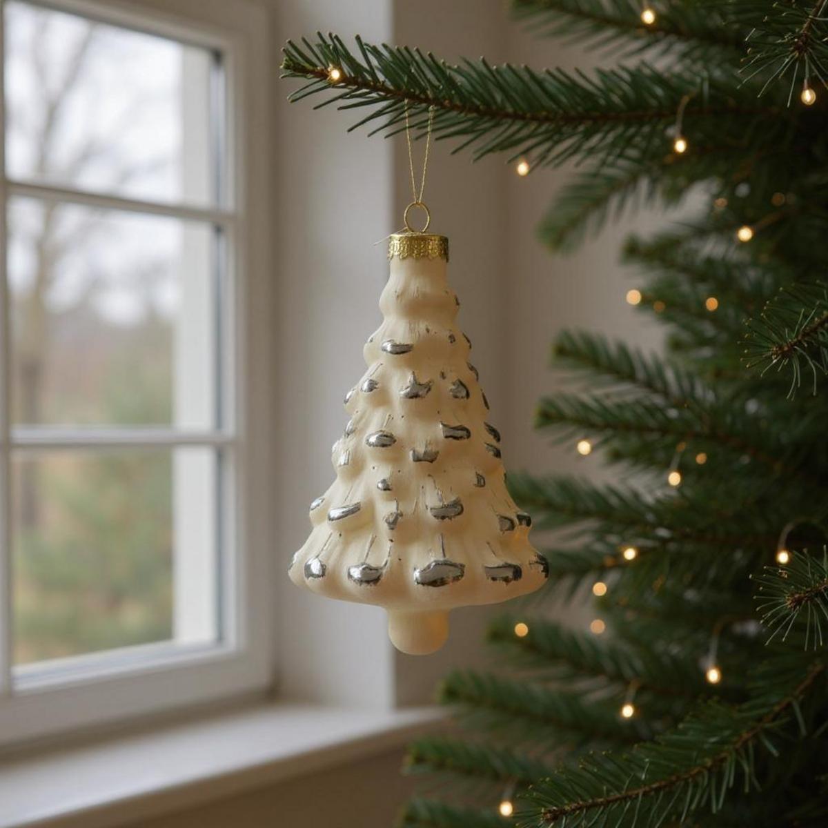 Décoration de sapin en forme de cône blanc avec des accents argentés
