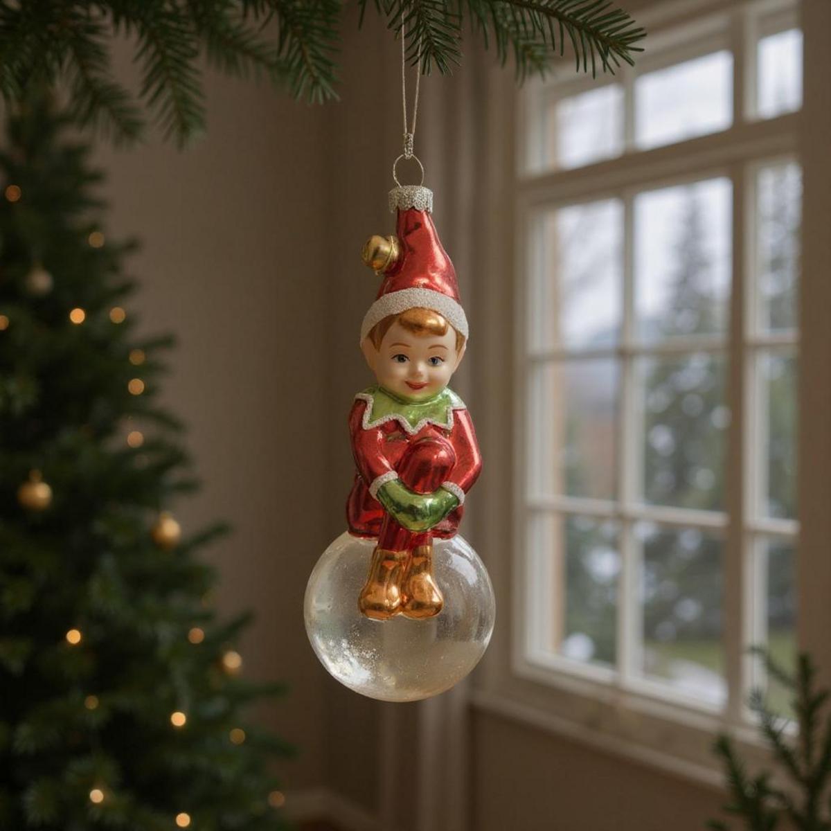 Ornement de Noël en verre représentant un elfe sur une boule transparente