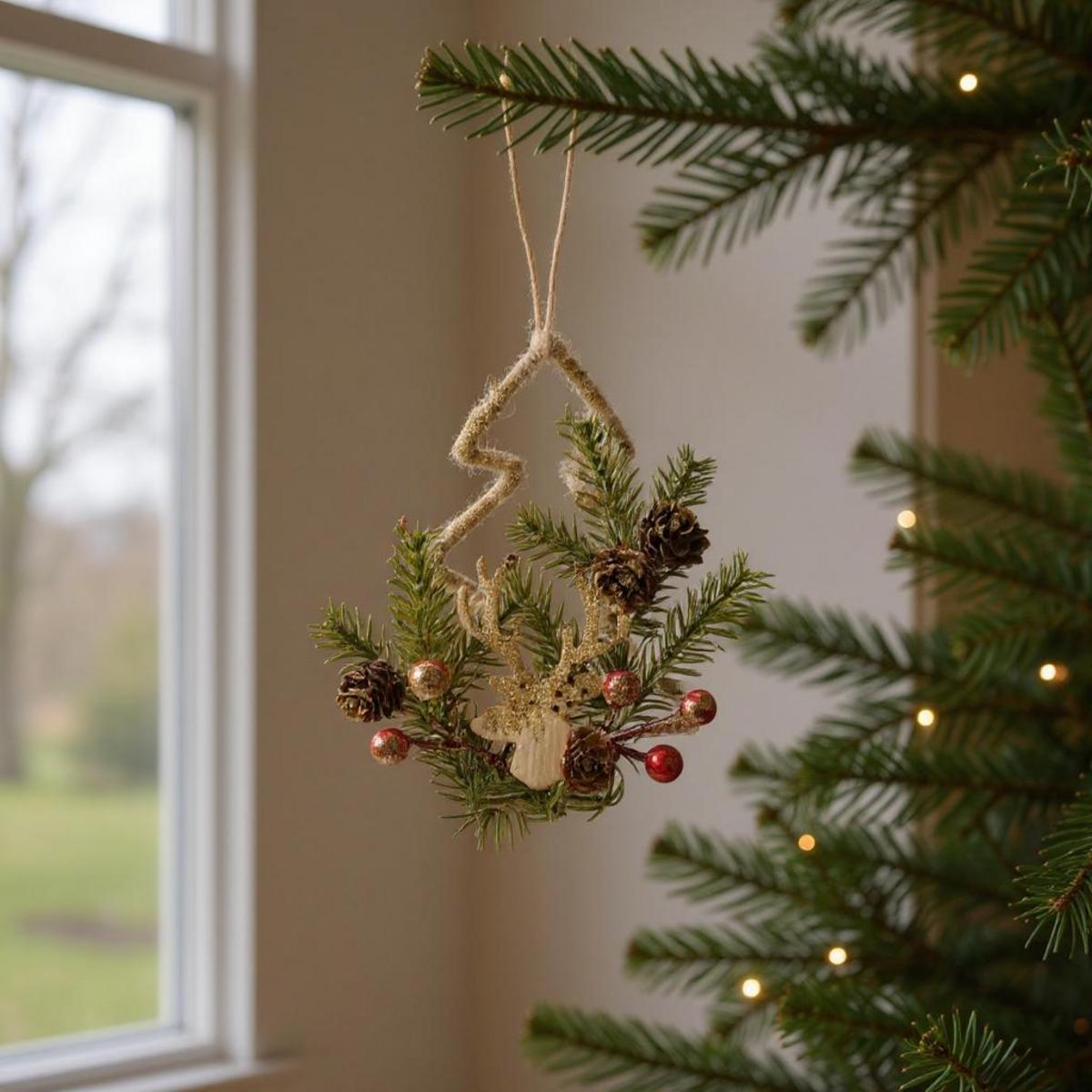 Décoration de Noël en forme de cerf avec des pommes de pin et des baies rouges