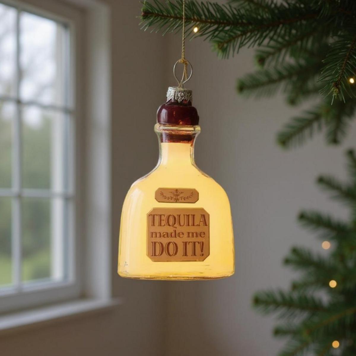 Ornement en forme de bouteille de tequila "Tequila made me do it" accroché à un sapin