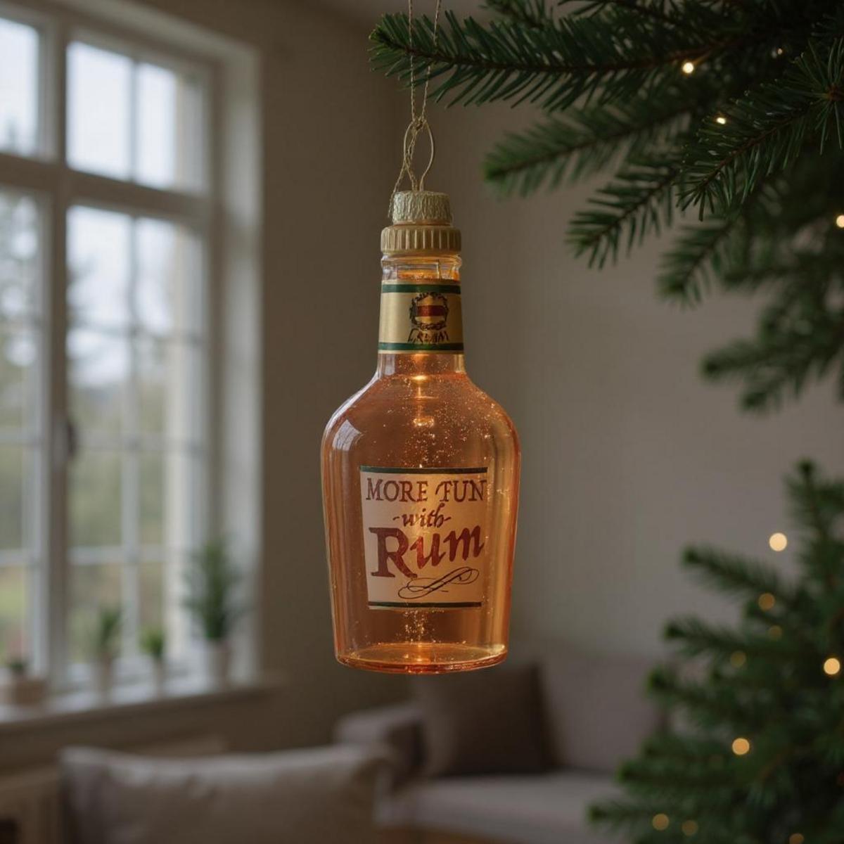 Ornement de bouteille de rhum "More Fun with Rum" suspendu à un sapin de Noël