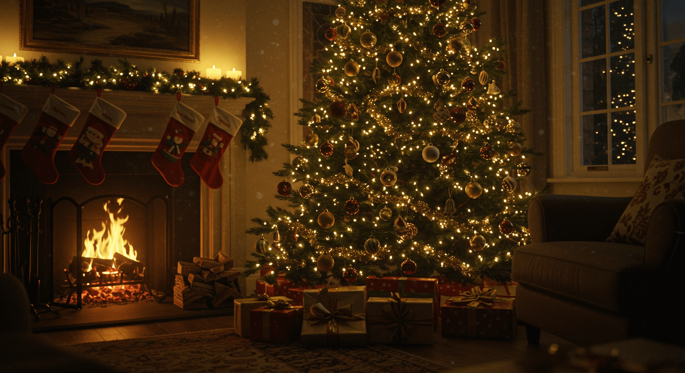 Salon décoré pour Noël avec sapin illuminé et cheminée allumée