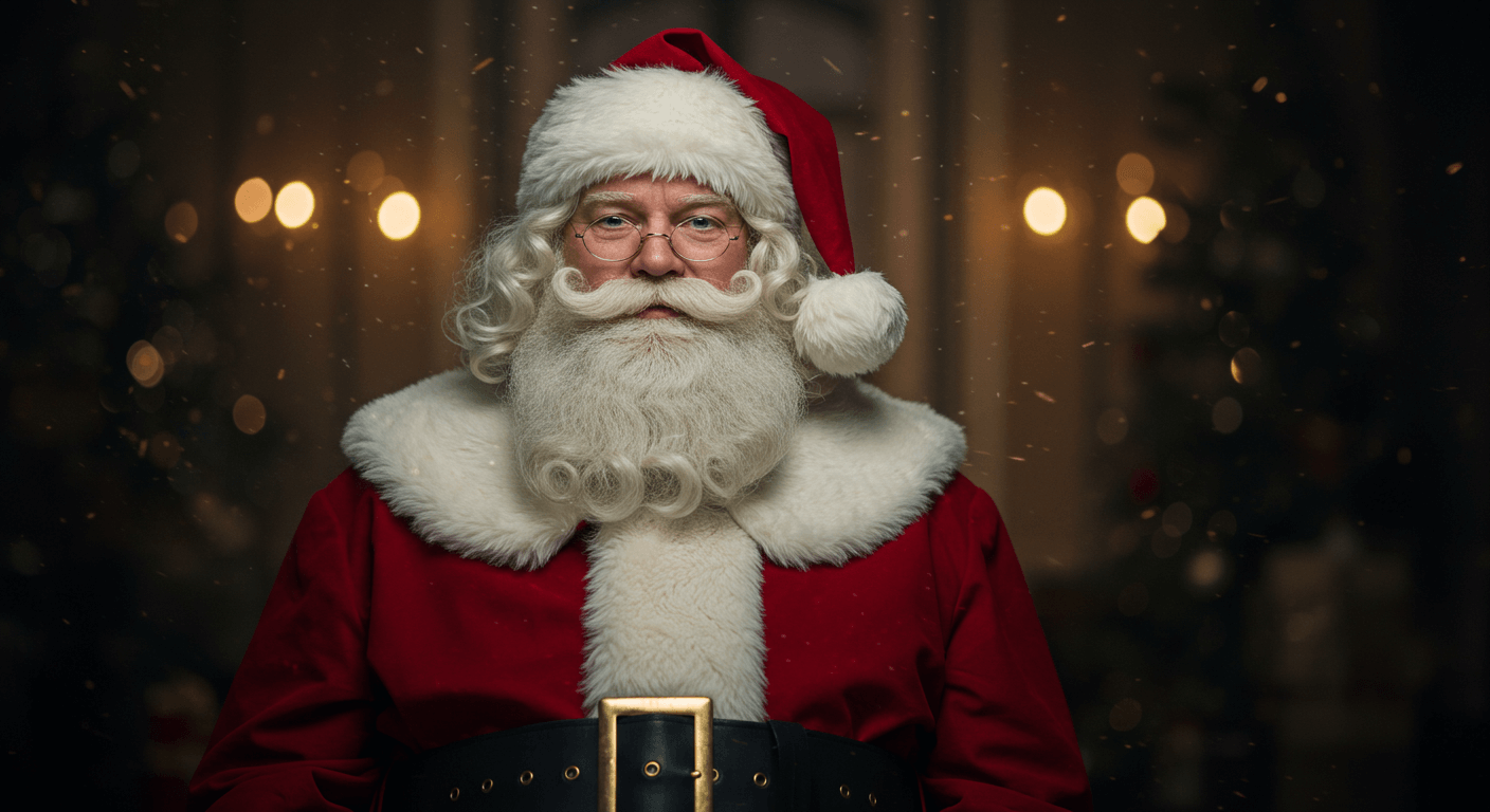 Père Noël avec une barbe blanche et un costume rouge, sous la neige