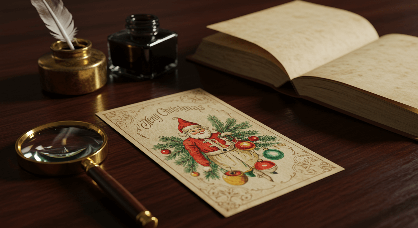 Carte de Noël vintage avec le Père Noël, une loupe, un livre et une plume