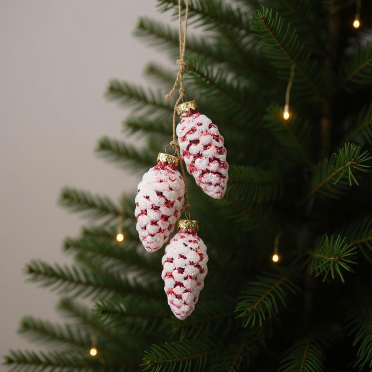 Décorations de pommes de pin enneigées sur un sapin de Noël