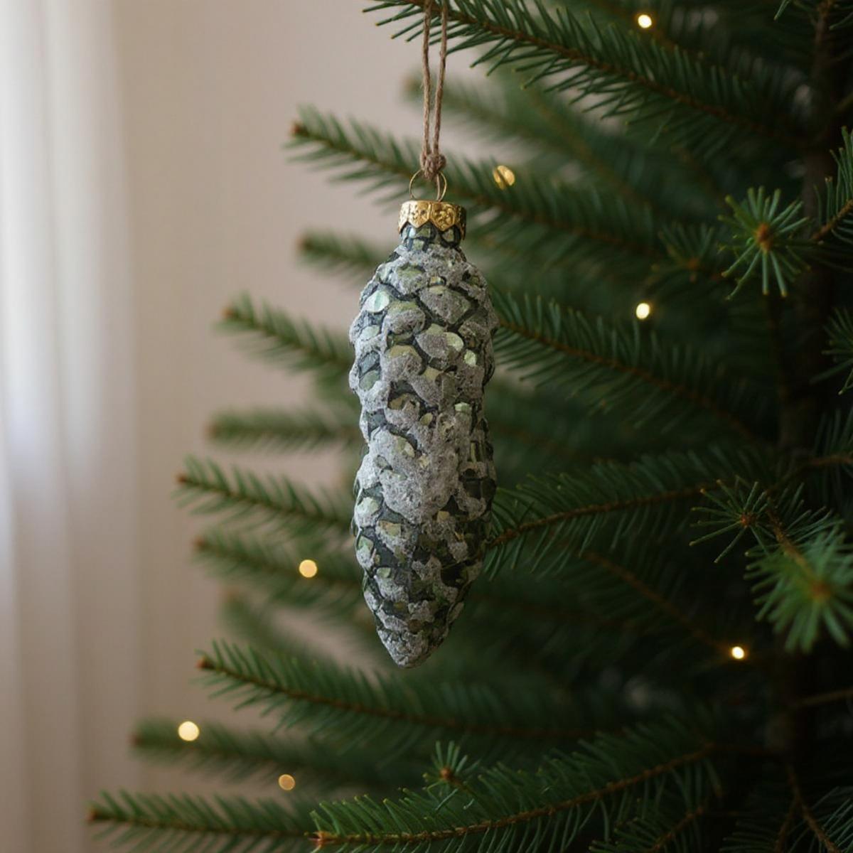 Decorazione a forma di pigna ghiacciata appesa all'albero di Natale