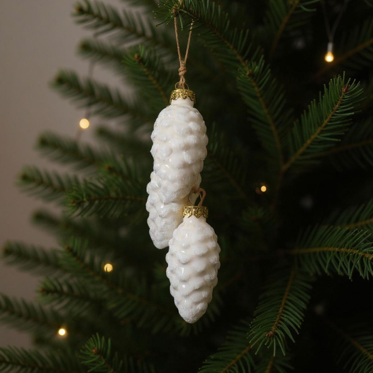Due decorazioni di pigne bianche appese a un albero di Natale