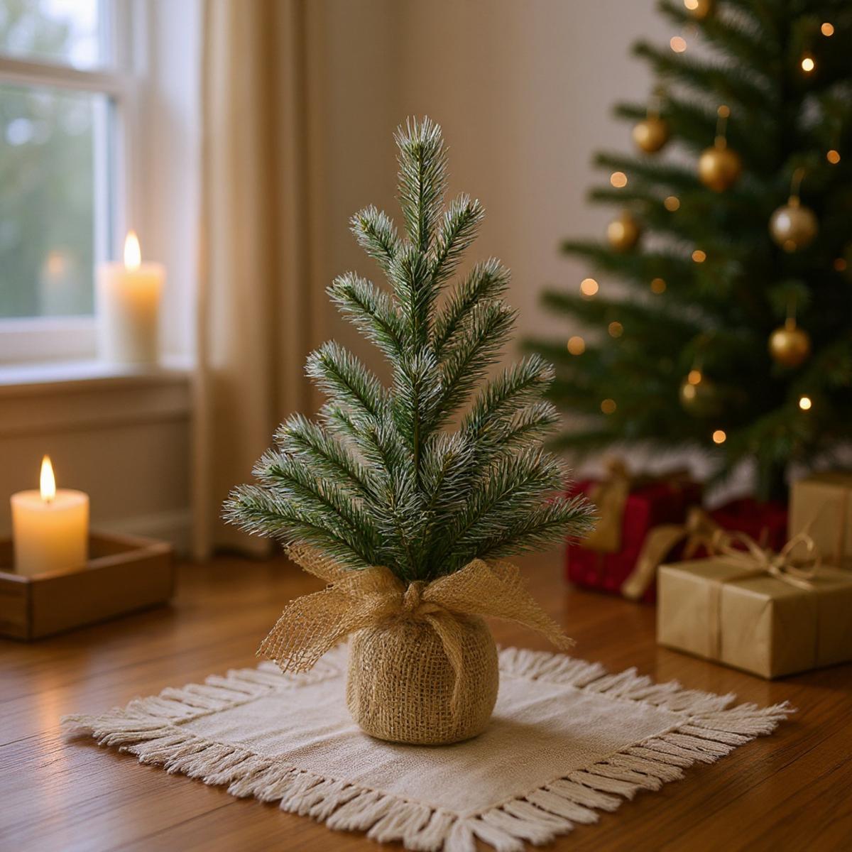 Petit sapin de Noël décoré d'une ficelle de jute et posé sur un chemin de table