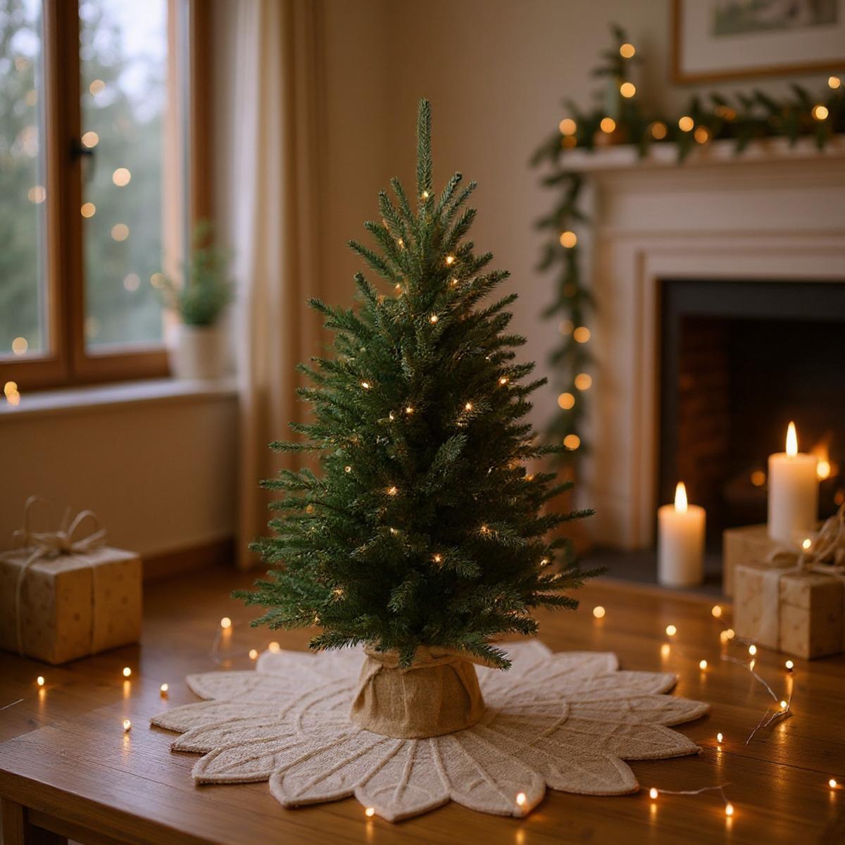 Un sapin de Noël décoré de lumières sur un tapis rond