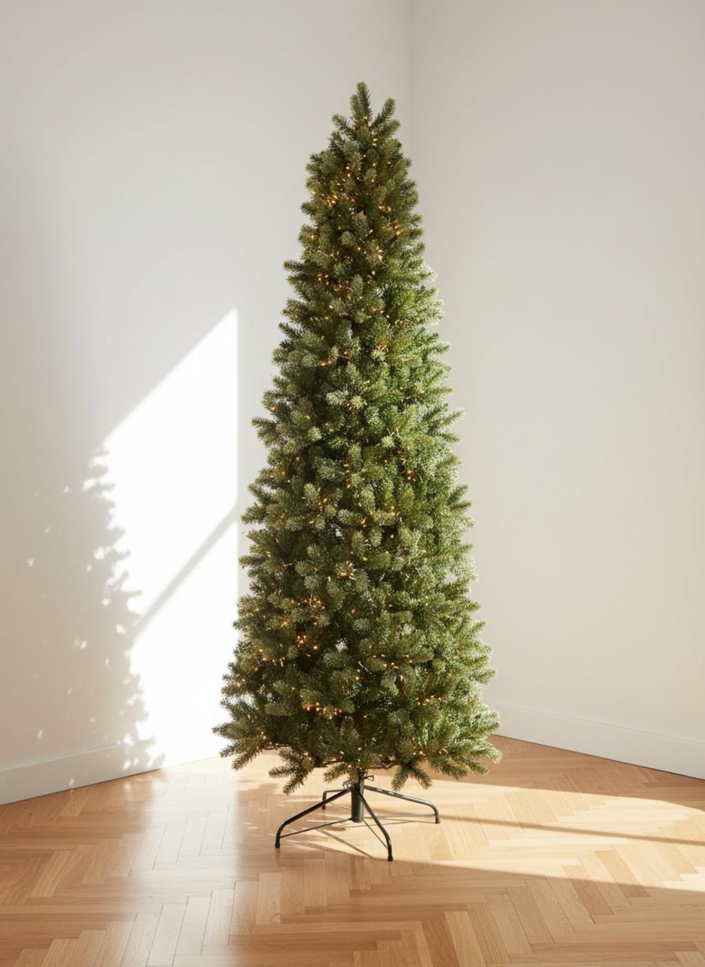 Illuminated green Christmas tree on a wooden floor