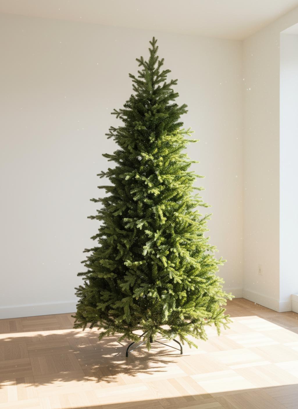 Sapin de Noël vert sur parquet en bois clair