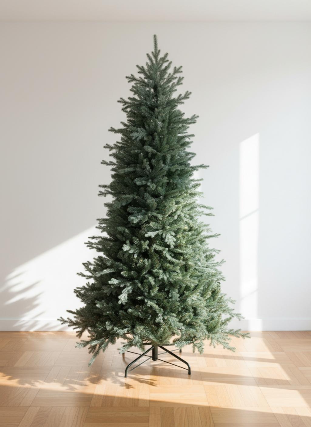 Arbre de Noël artificiel vert sur pied noir sur parquet en bois