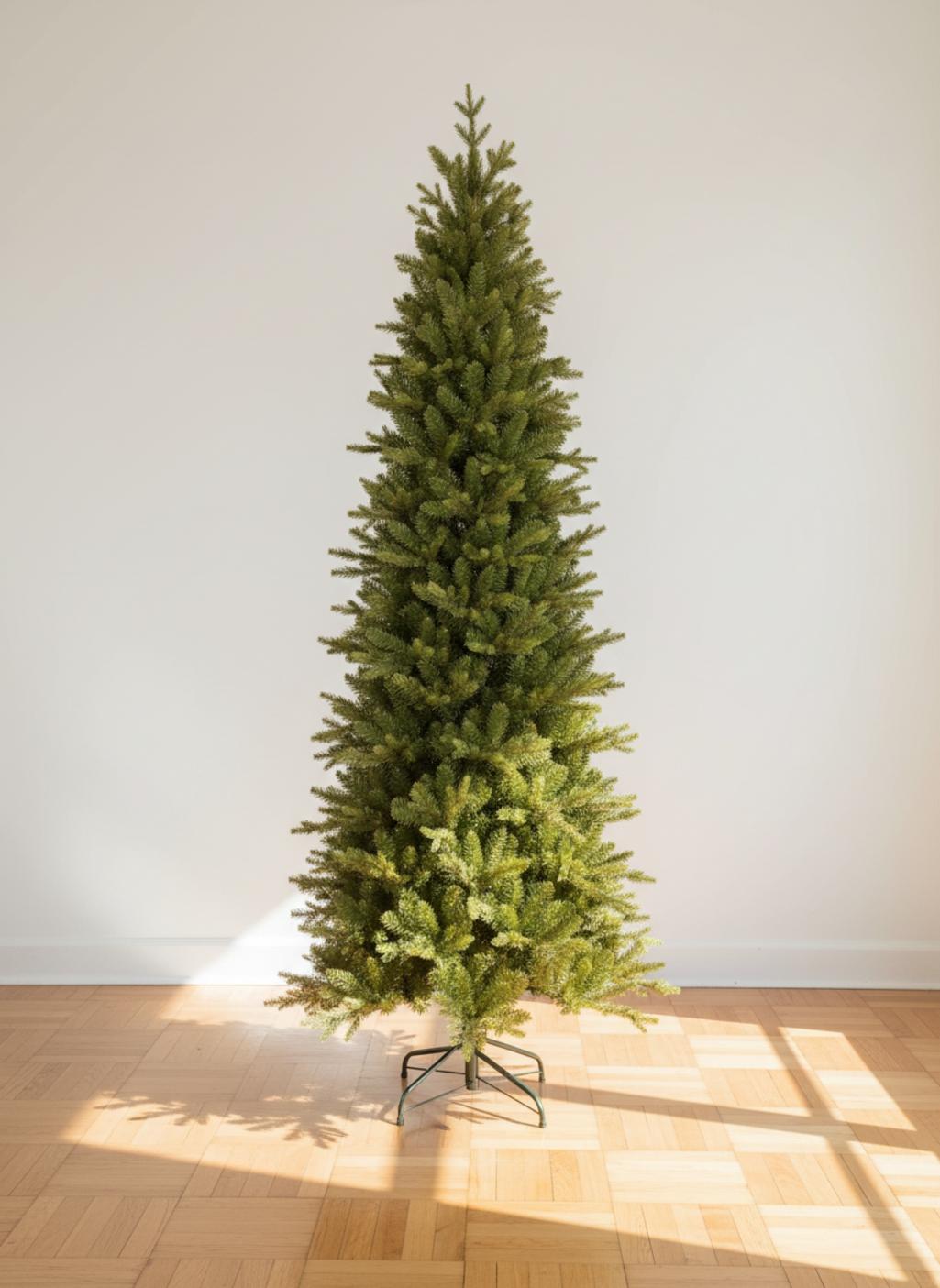Green Christmas tree on a wooden floor