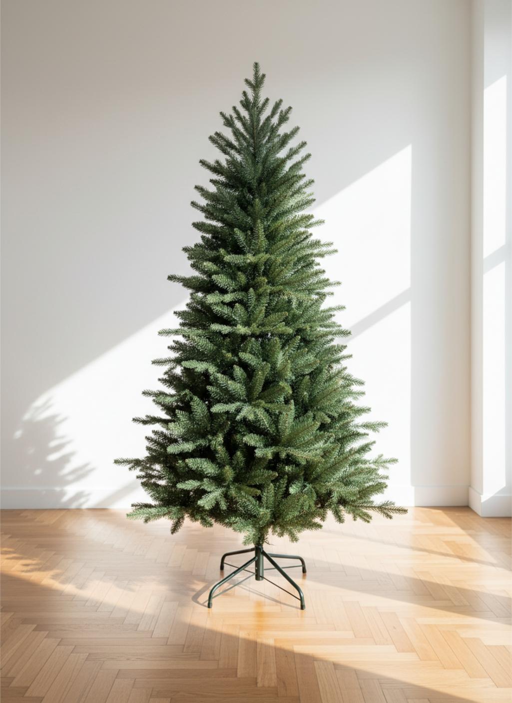 A green Christmas tree on a stand, in a bright room