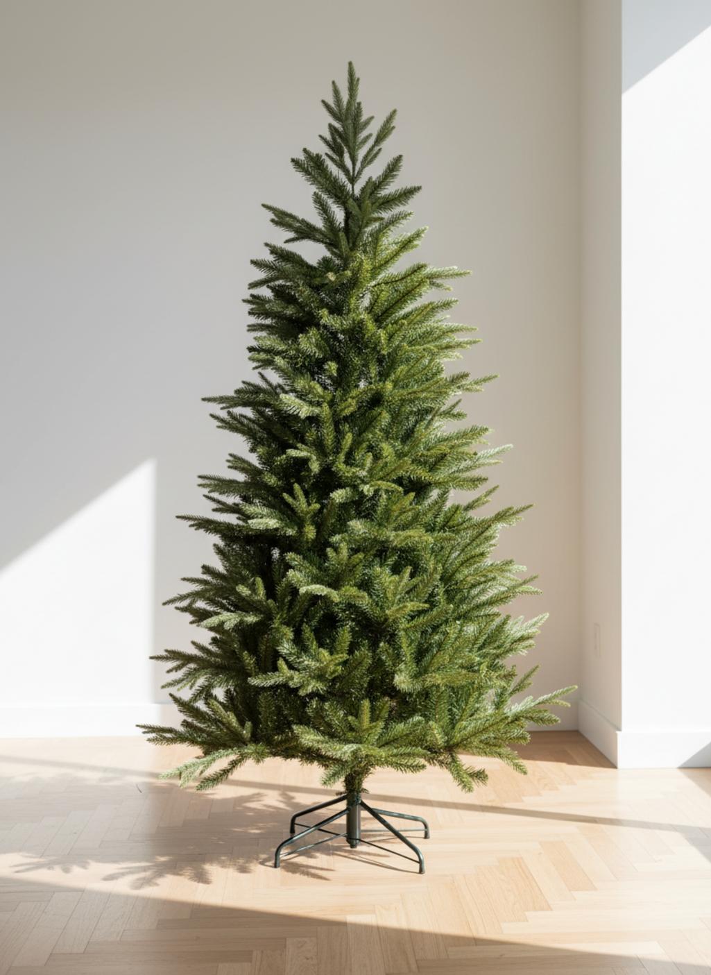 Sapin de Noël artificiel vert sur un support noir