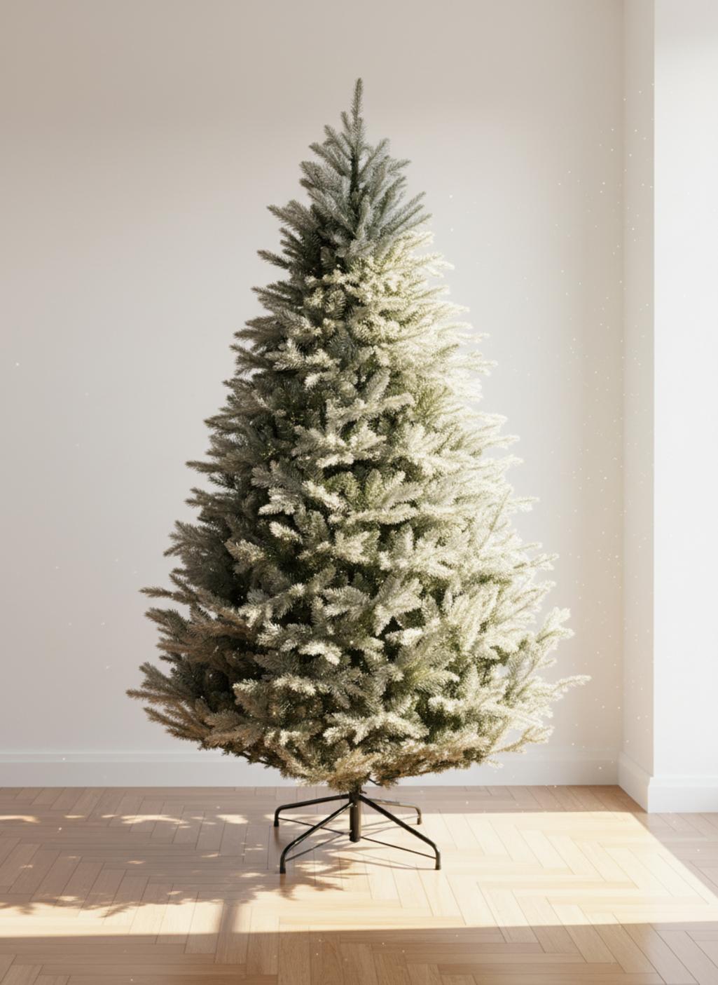 Sapin de Noël enneigé sur fond blanc avec parquet