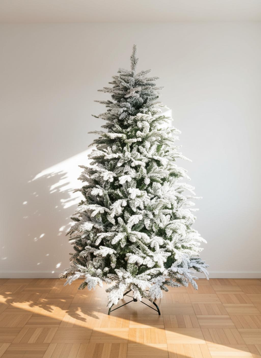 Sapin de Noël enneigé sur parquet en bois avec ombres projetées
