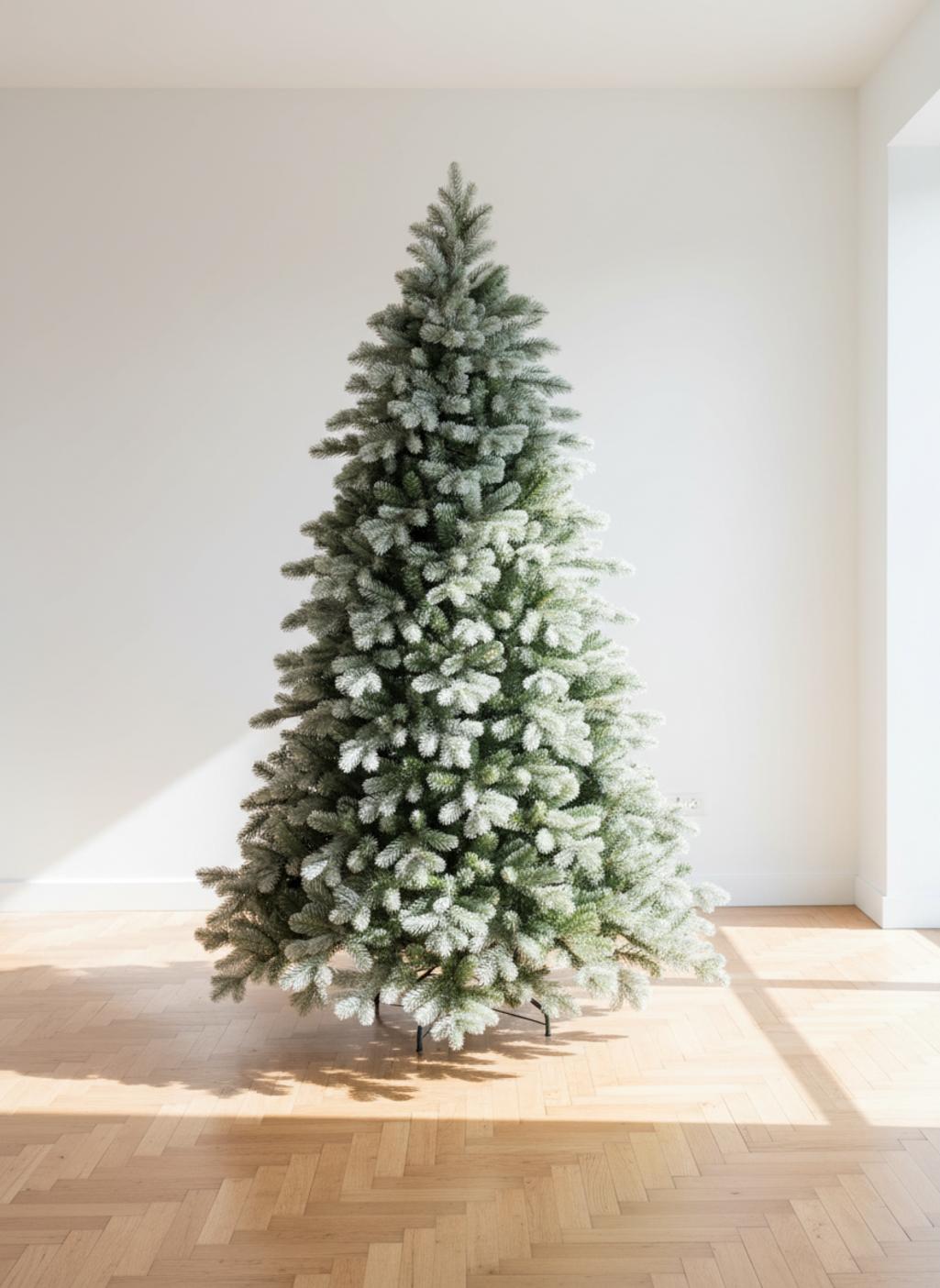 Sapin de Noël artificiel enneigé sur parquet en bois