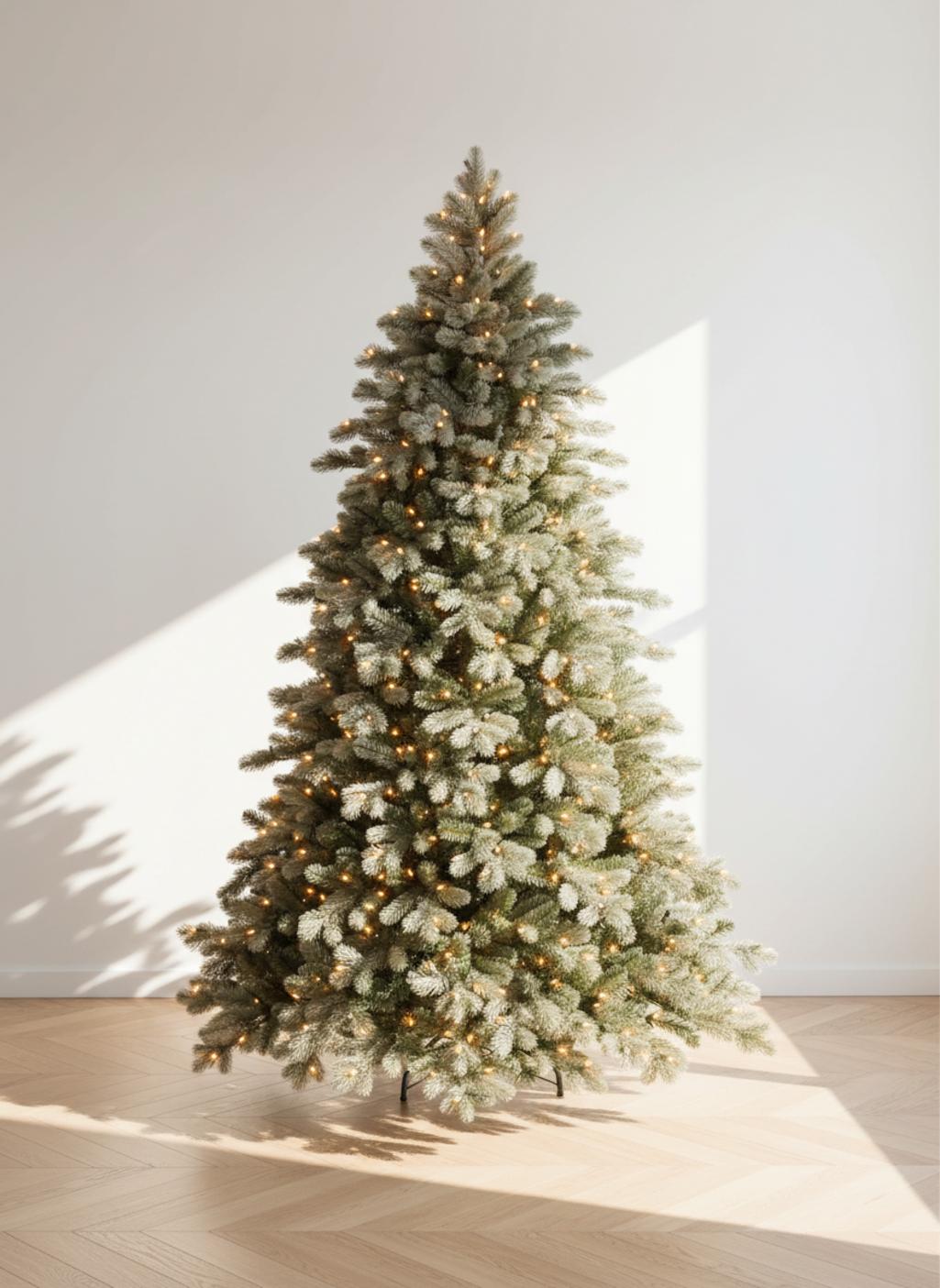 Künstlicher Weihnachtsbaum mit Frostmuster und warmen Lichtern