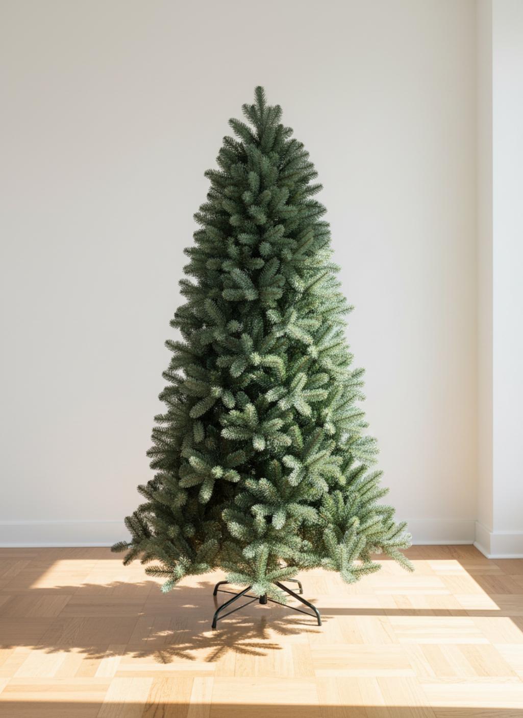 Sapin de Noël artificiel vert sur pied noir sur parquet en bois