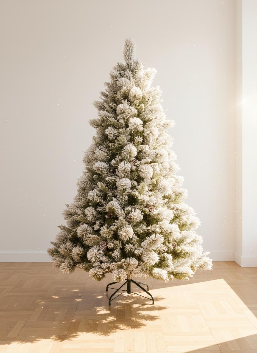 Snow-covered Christmas tree with pine cones on a wooden floor